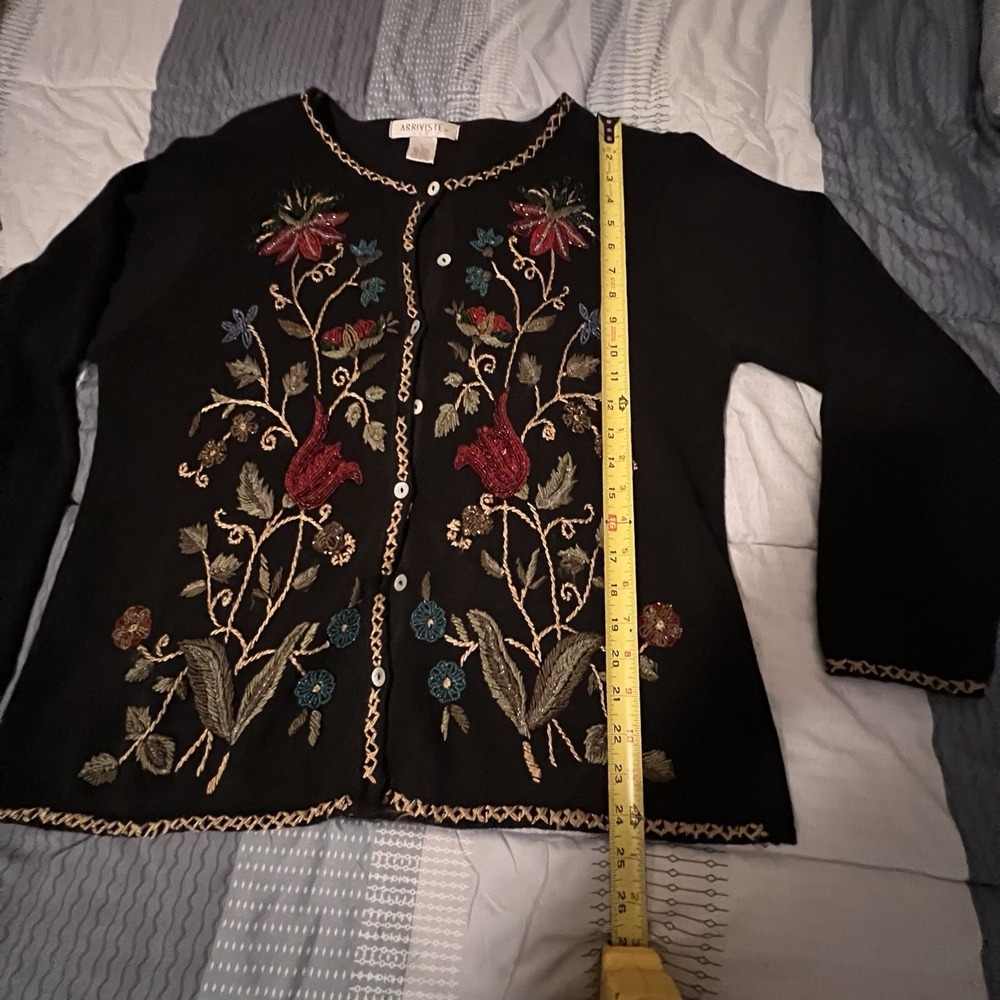 Vintage Arriviste Black Floral Beaded Button Up Cardigan Sweater Cotton Blend L - Picture 15 of 16